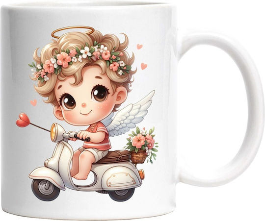 A Baby Riding a Scooter Flowers White Ceramic Mug 330ml (Personalized)
