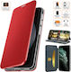 Book-style Case Motorola Moto E40 Magnetic Flip Closure Card Pocket Stand Function Faux Leather Microfiber Lining Red