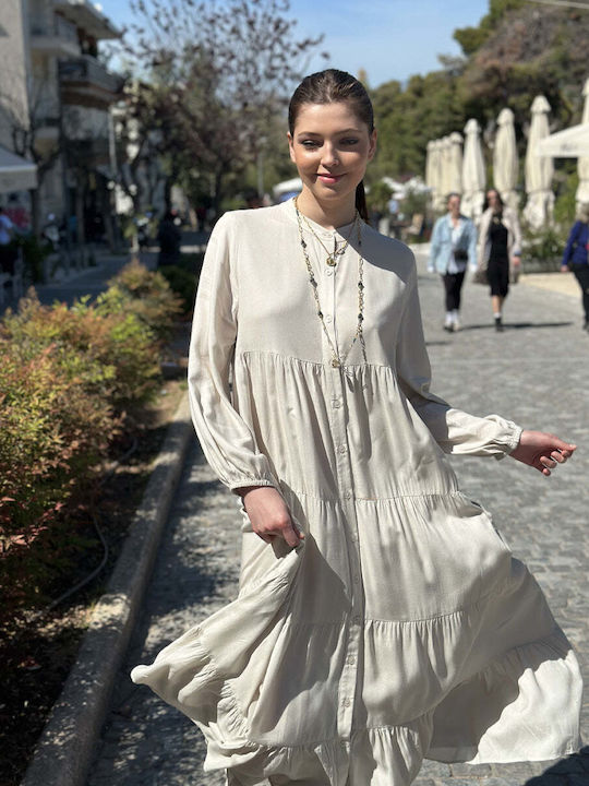 Rochie de Vară Maxi Tip Cămașă Gri