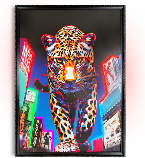 "New York Cat" Painting with Neon LED Lighting 70x100 cm