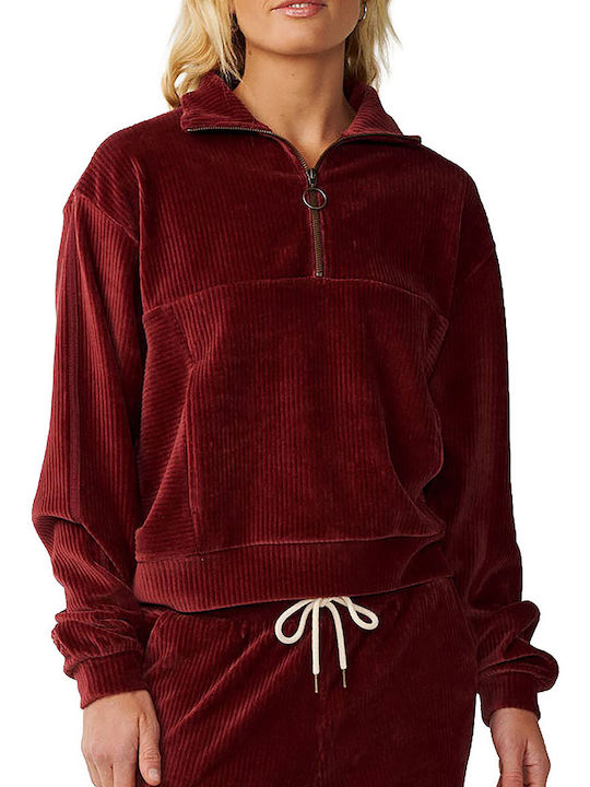 Χειμερινή Γυναικεία Fleece Μπλούζα Μανίκι 3/4 με Φερμουάρ Μπορντό