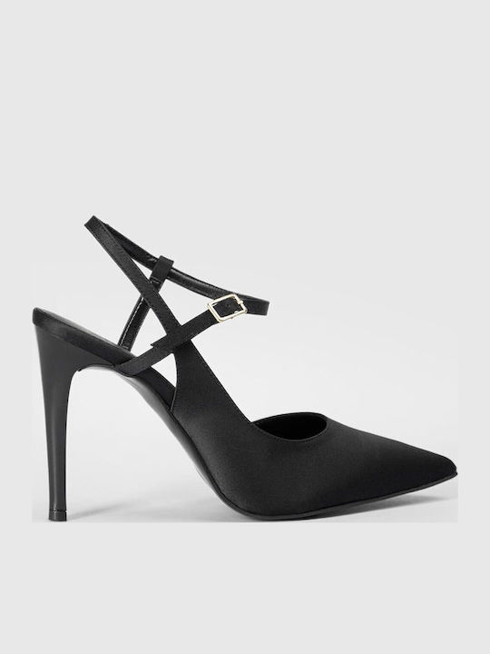 Pointed Toe Satin Heels with Strap Black