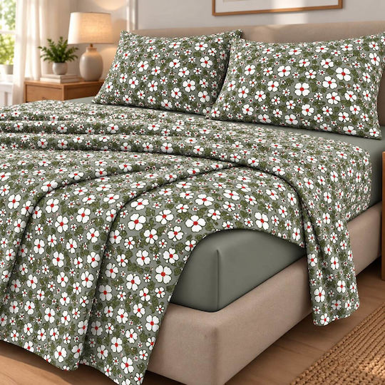 Astron Italy Elisa Double Bed Sheet Set with Fitted Sheet 160x200+40cm Olive Green (4 Pieces)