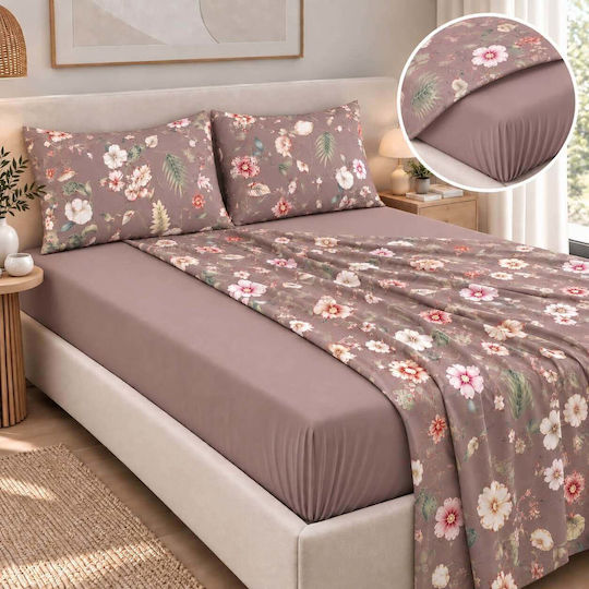 Astron Italy Ortensia Double Bed Sheet Set with Fitted Sheet 160x200+40cm Dusty Rose (4pcs)