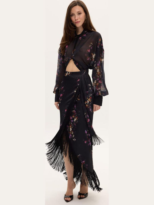Midi Floral Envelope Skirt Black